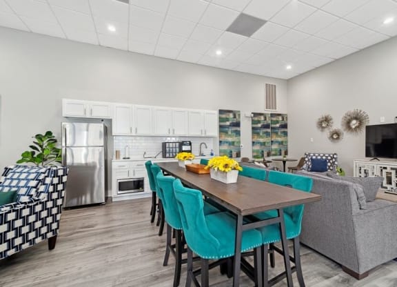 Community kitchen area with table