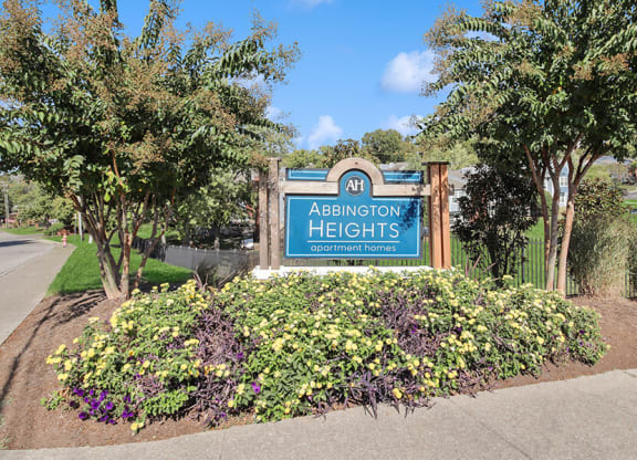 Monument Sign and Front Entrance at Abbington Heights Apartments in Antioch, TN.
