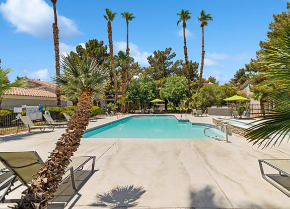 Community Swimming Pool with Pool Furniture at Verraso Apartments in Las Vegas, NV.