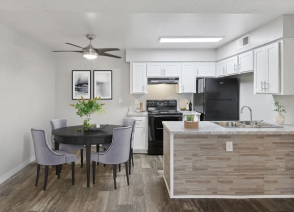 Model apartment dining room and kitchen