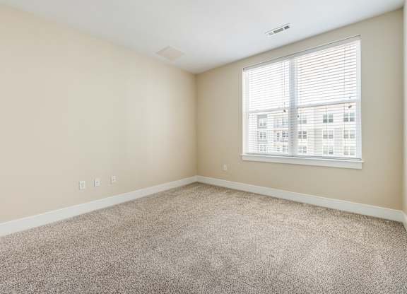 A room with a carpeted floor and a window with blinds.