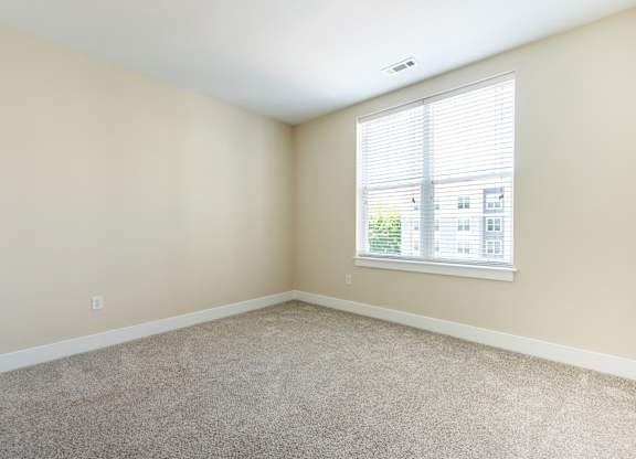 A room with a carpeted floor and a window with blinds.