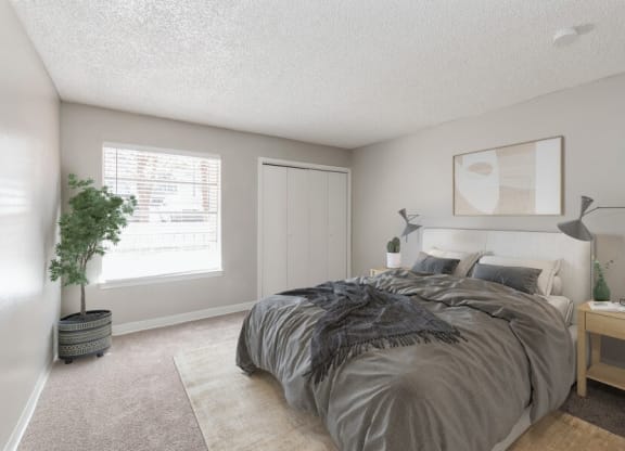 Model Bedroom with Carpet and Window View at Indigo Park Apartments in Albuquerque, NM.