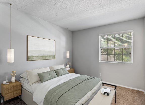 Model Bedroom with Carpet and Window View at Corners at 1700 Apartments in Atlanta, GA.