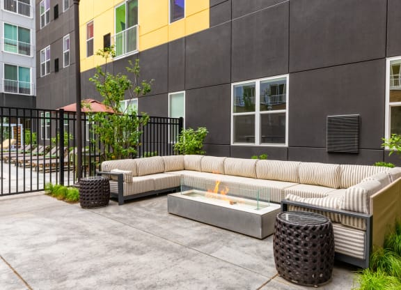 Outdoor patio lounge with firepit