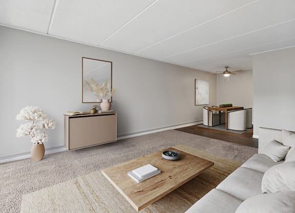 Model Living Room and Dining Room Area with Carpet at Elevate on Parkway, Burnsville, MN, 55337