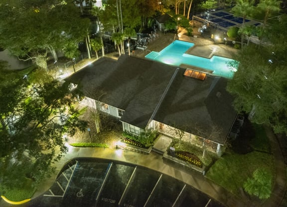 Aerial View of Community Clubhouse and Swimming Pool at Fountains at Lee Vista Apartments in Orlando, FL.