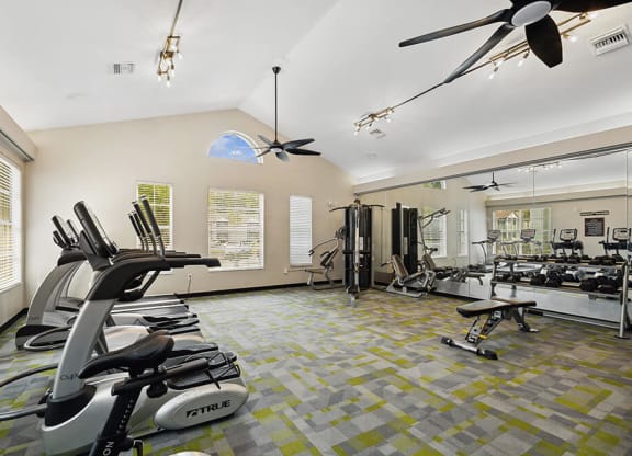 Fitness center with equipment at Vue at Baymeadows Apartments in Jacksonville, Florida