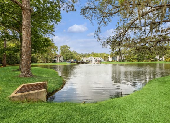 Lake with a fountain and apartment building in the background at Vue at Baymeadows Apartments in Jacksonville, Florida