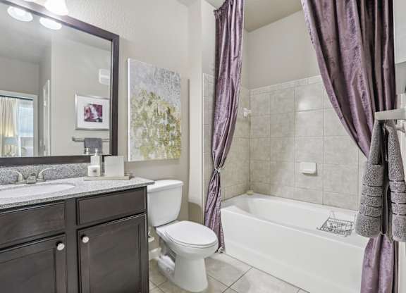 Model bathroom with a white toilet, a white bathtub, and a large mirror.