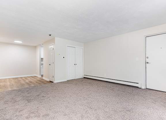 A room with white walls and carpeted floor with three doors.