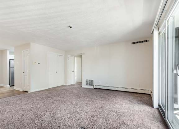 A spacious room with a grey carpet and white walls.