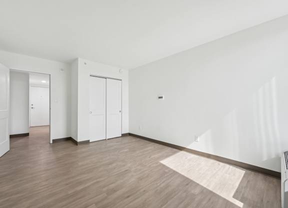 A room with white walls and wooden flooring with a rug in the middle.
