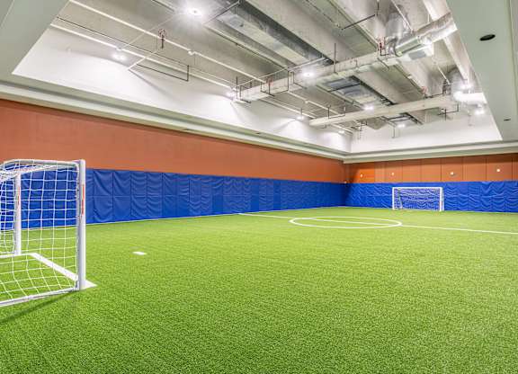 A soccer field with a goal post on the left side.