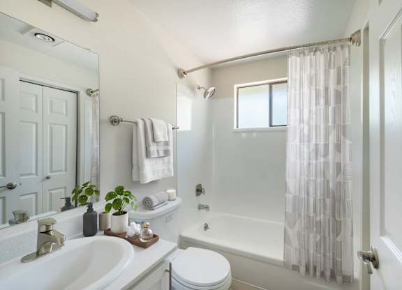 A white bathroom with a toilet, sink, and shower.