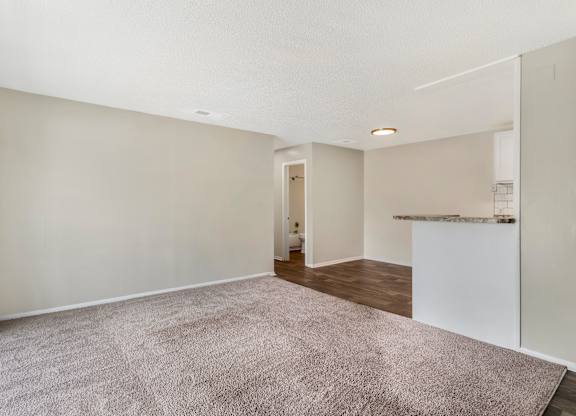 Model living room with plush carpet at Park at 7200 in Jacksonville, Florida.