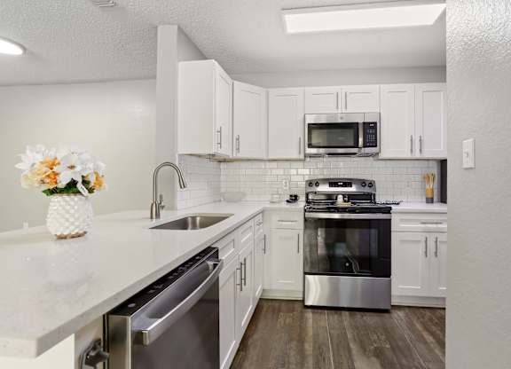 Model kitchen with stainless steel appliances at Hunters Green in Tampa, Florida.