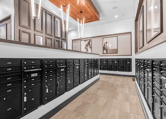 Community Mail Room at Ovation at Galatyn Park Apartments located in Richardson, TX.