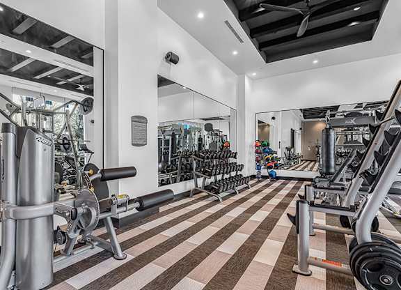 Community Fitness Center with Equipment at Ovation at Galatyn Park Apartments located in Richardson, TX.