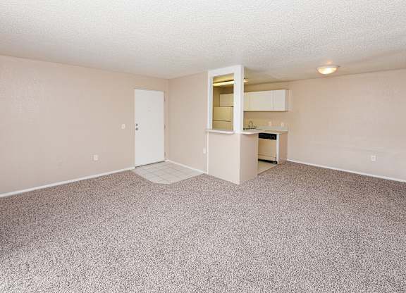 A room with a carpeted floor and a small kitchenette.