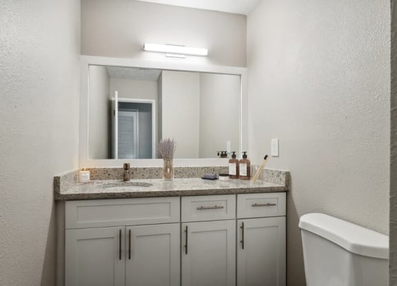 Model apartment bathroom with a sink and a mirror and a toilet