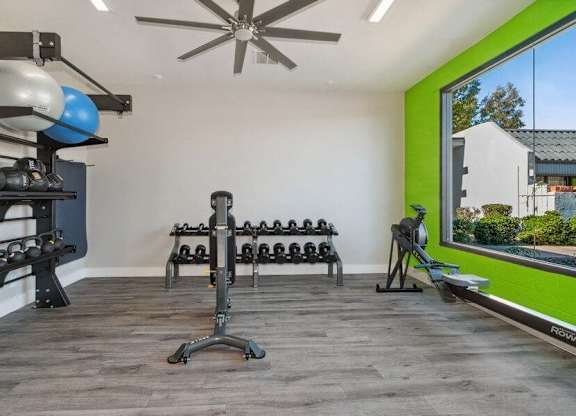 Dog-Friendly Apartments in Camelback East Village, AZ - Arcadia on 49th - A Modern Fitness Center With Dumbbell Racks, Wall-Mounted Storage For Medicine Balls, And A Rowing Machine.