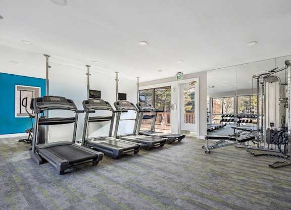 One Bedroom Apartments in Silver Spring, MD - Spring Parc - Modern Fitness Center With Treadmills, Weight Machines, Wall Mirrors, And Large Windows Looking Out To Trees And Patio