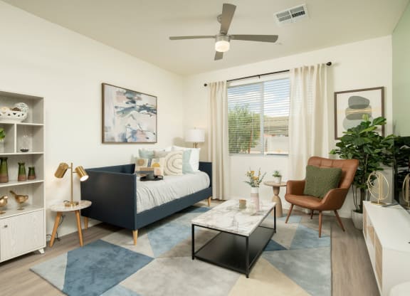 our apartments offer a living room with a couch and a coffee table