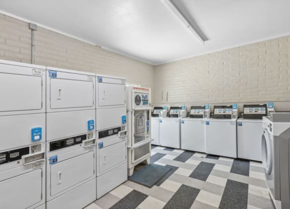 on site laundromat with rows of washers and dryers