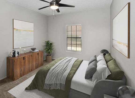 1 Bedroom Luxury Apartments in North Dallas, TX - Dallas North Park - A Bedroom With Wood Bed Frame, Ceiling Fan, Soft Bedding, Wall Art, And Window With Blinds.