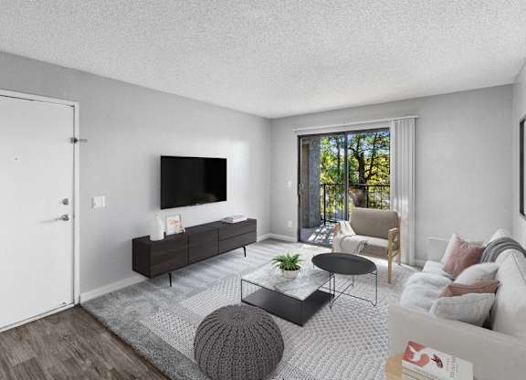 Model living room with sliding glass door