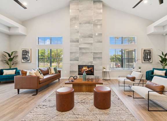 Community lounge with fireplace at Mirage on Kernan Apartments in Jacksonville, FL