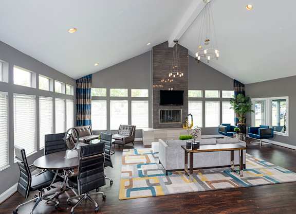 Community Clubhouse with Fireplace at Misty Ridge Apartments located in Woodbridge, VA.