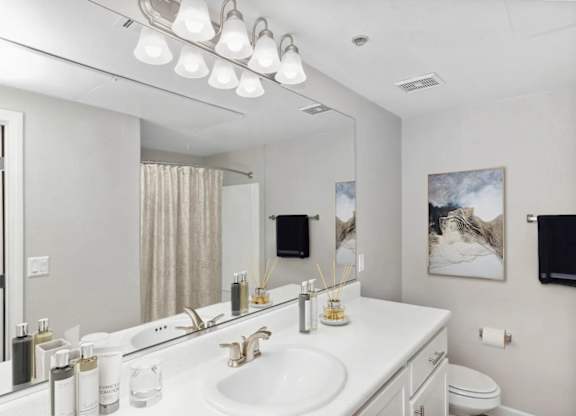 A bathroom with a white sink and a large mirror.