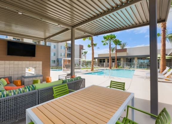 Outdoor lounge area near pool