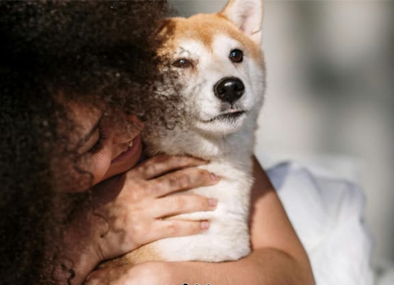 a woman holding a dog in her hands