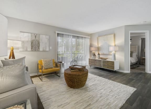 Model living area with sliding door