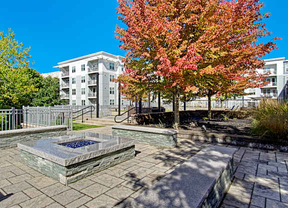 A courtyard with a fountain surrounded by trees and a building in the background.