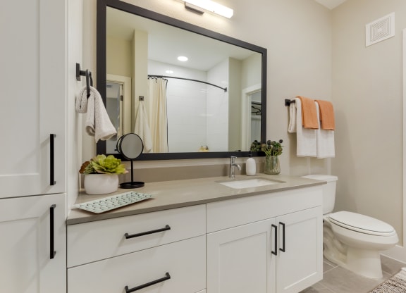 a bathroom with white cabinets and a large mirror