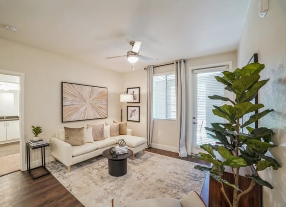 Model living room with wood-inspired flooring