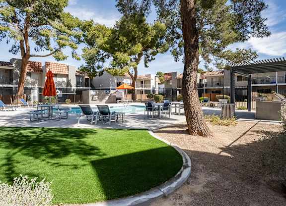 Community Swimming Pool at Bridges at Tropicana Apartments located in Las Vegas, Nevada.