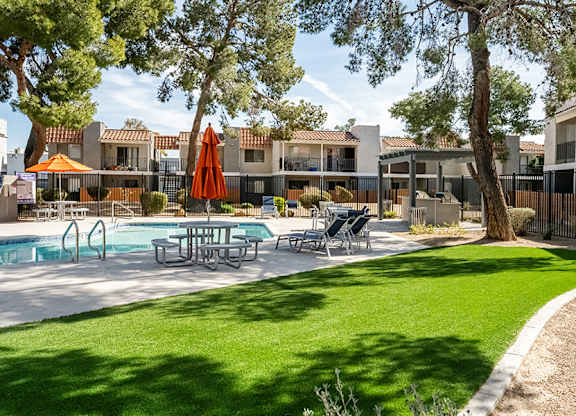 Community Swimming Pool at Bridges at Tropicana Apartments located in Las Vegas, Nevada.
