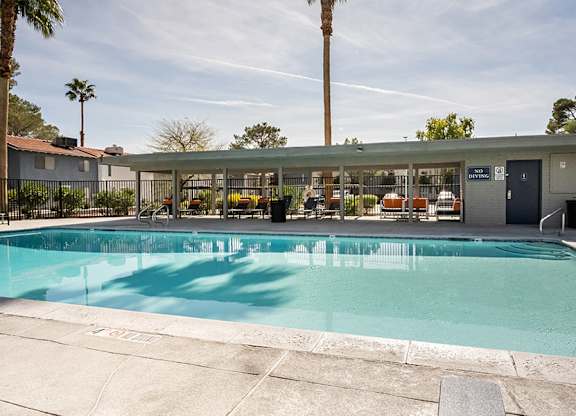 Community Swimming Pool at Bridges at Tropicana Apartments located in Las Vegas, Nevada.