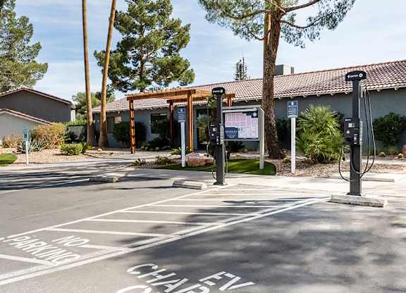 Community EV Charging Stations at Bridges at Tropicana Apartments located in Las Vegas, Nevada.