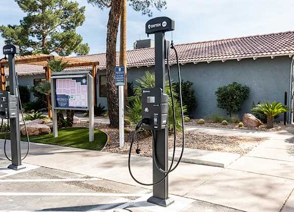 Community EV Charging Stations at Bridges at Tropicana Apartments located in Las Vegas, Nevada.