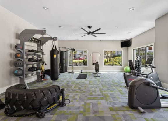 gym with plenty of exercise equipment and windows