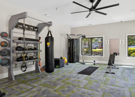 Fitness center with a punching bag and other equipment