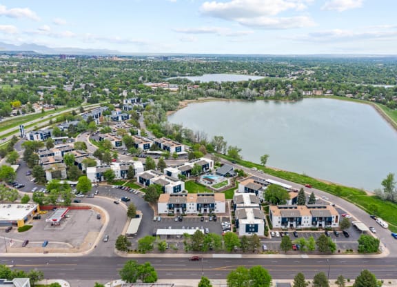 Aerial view of the lake and the apartment community