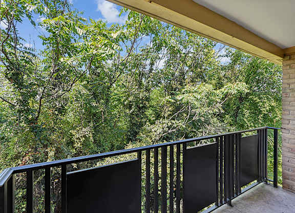 A balcony with a black railing overlooks a lush green forest.