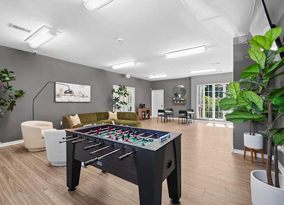 A foosball table is in the middle of a room with a couch, chair, and potted plant.